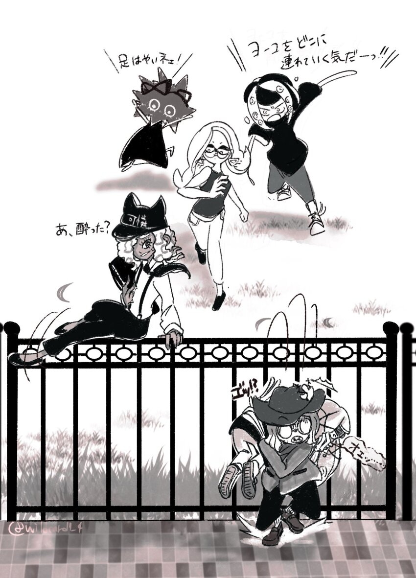 6+girls, oonie_(splatoon), zuzu_(splatoon), black_dress, black_footwear, black_hat, black_necktie, black_pants