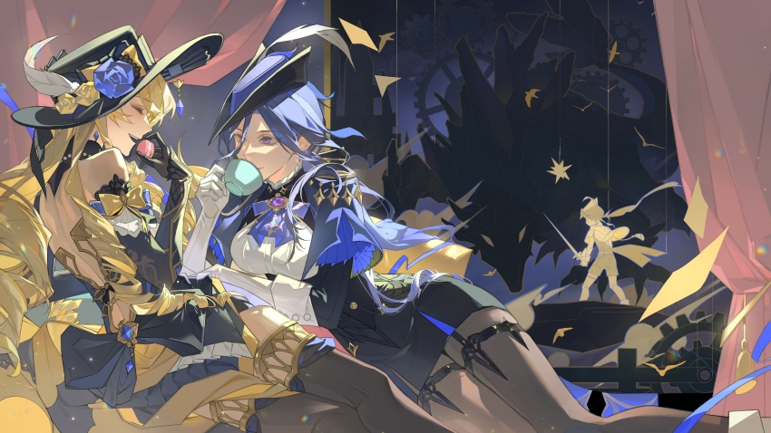 2girls, absurdres, ascot, black_corset, black_hat, blonde_hair, blue_capelet, blue_hair, blue_hat, capelet, clorinde_(genshin_impact), corset, cup, curtains, dark_blue_hair, dress, drill_hair, drill_sidelocks, epaulettes, flower, fold-over_gloves, food, framed_breasts, genshin_impact, gloves, hat, hat_feather, hat_flower, highres, looking_at_another, lying, macaron, mi_zhang, multiple_girls, navia_(genshin_impact), on_side, pantyhose, purple_ascot, purple_eyes, shirt, sidelocks, strapless, strapless_dress, taut_clothes, taut_shirt, tricorne, white_gloves