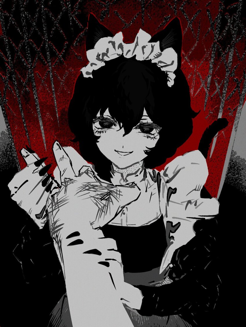 1girl, an1th1ngnb, animal_ears, apron, cat_ears, cat_girl, cat_tail, chikyuu_no_ura_(cevio), cowboy_shot, elevator_door, fingernails, grabbing_another's_arm, greyscale_with_colored_background, grin, hair_over_shoulder, half-closed_eyes, highres, holding_another's_finger, iyowa_girls, long_fingernails, long_sleeves, looking_at_viewer, maid, maid_apron, medium_hair, pov, pov_hands, red_background, scratches, sharp_fingernails, smile, solo, tail, tail_raised