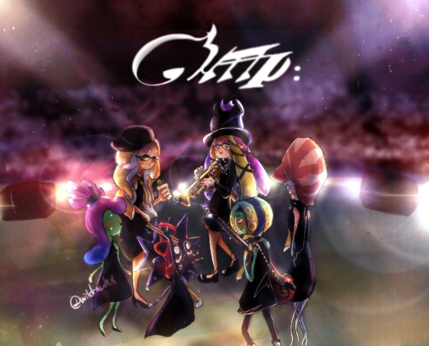 6+girls, oonie_(splatoon), zuzu_(splatoon), black_dress, black_footwear, black_hat, blonde_hair, blue_hair