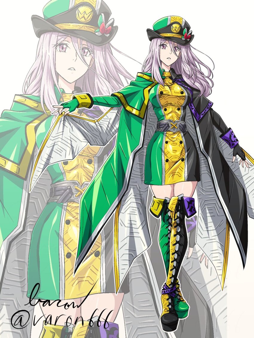 1girl, artist_name, baron_(varon666), boots, breasts, cosplay, fingerless_gloves, fuuto_tantei, gloves, grey_eyes, hat, highres, kamen_rider, kamen_rider_double, kamen_rider_double_(cosplay), kamen_rider_double_(cyclonejokergoldxtreme), kamen_rider_double_(cyclonejokergoldxtreme)_(cosplay), kamen_rider_double_(cyclonejokerxtreme), kamen_rider_w, knee_boots, large_breasts, long_hair, looking_at_viewer, solo, tokime_(fuuto_tantei), twitter_username