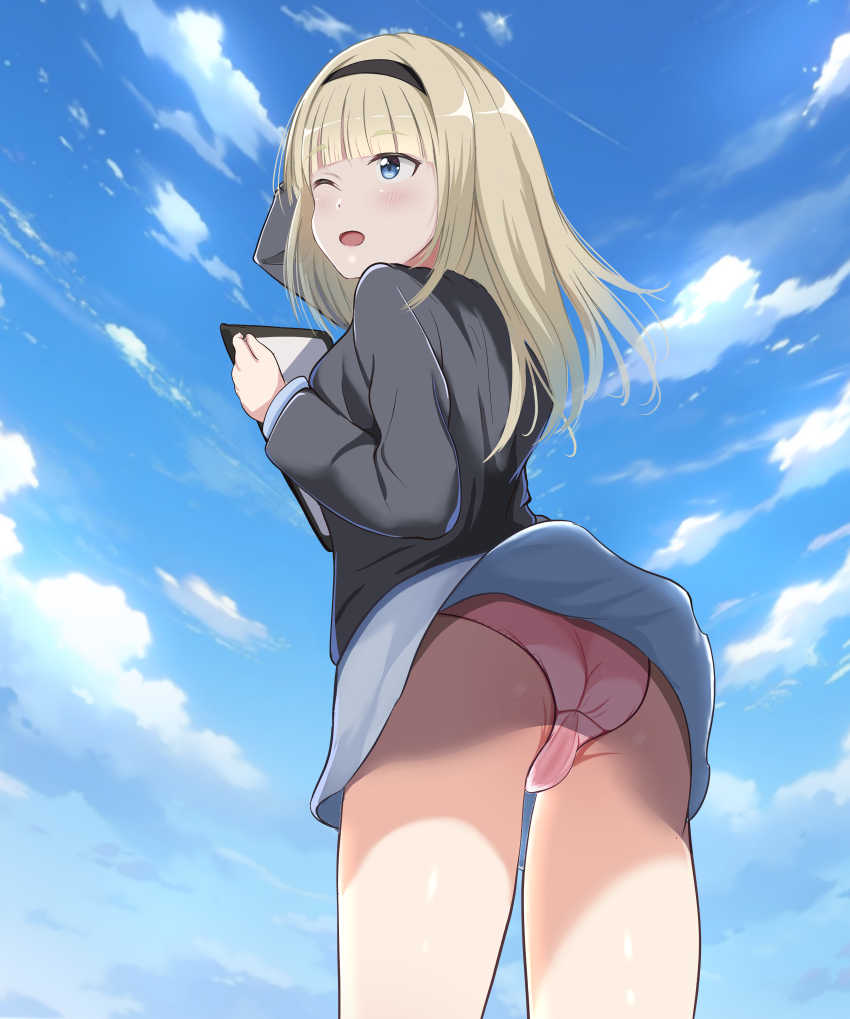 1girl, absurdres, ass, black_hairband, black_jacket, blonde_hair, blue_eyes, blue_shirt