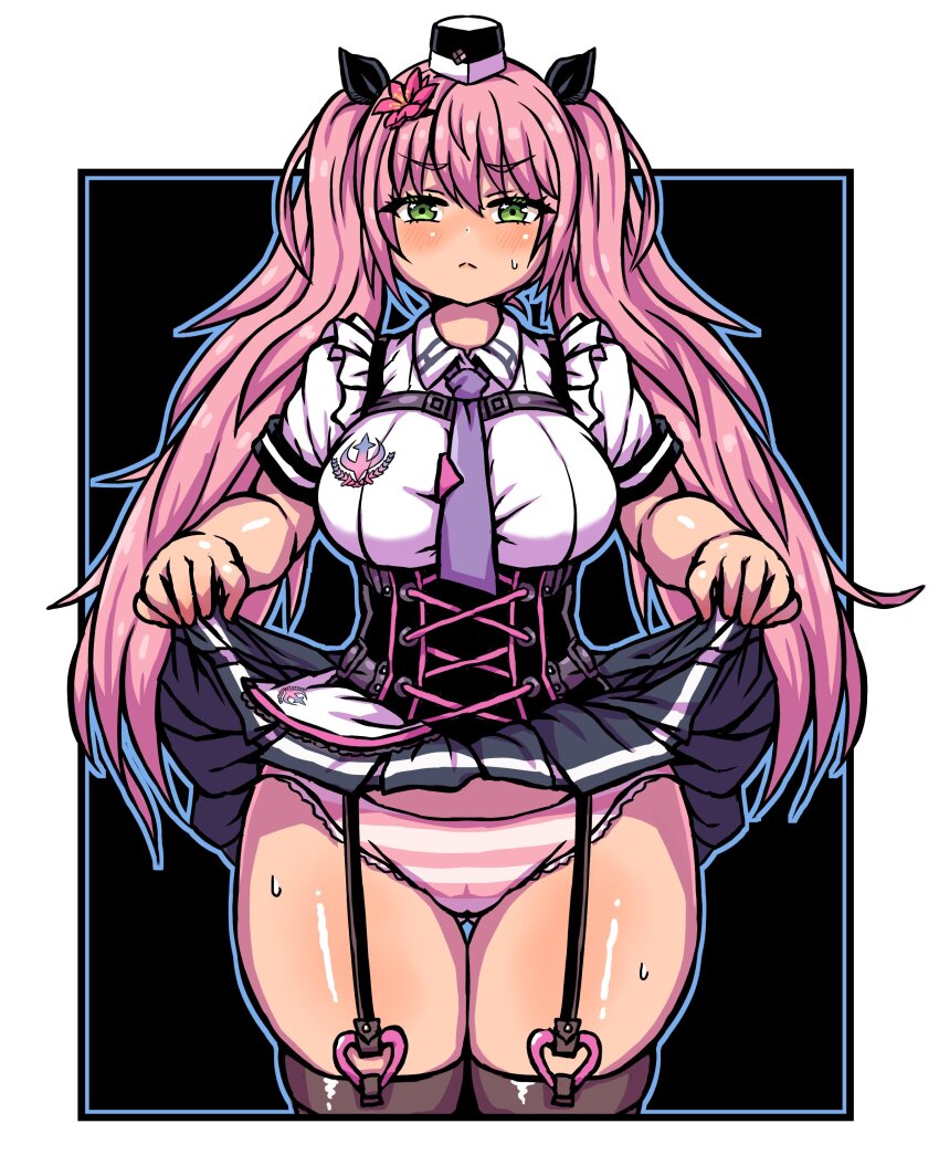 1girl, absurdres, black_skirt, blush, breasts, brown_thighhighs, cameltoe, closed_mouth