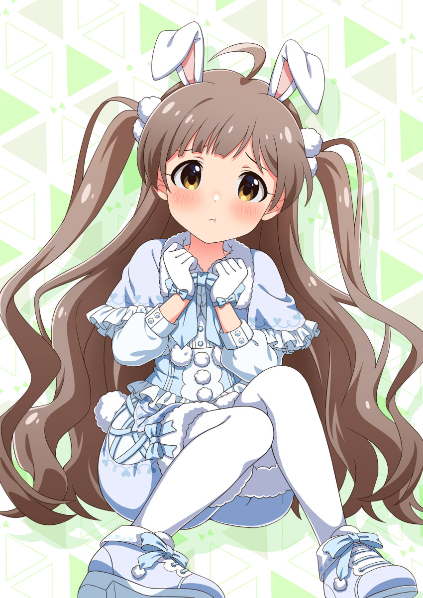 1girl, :t, ahoge, alternate_hairstyle, animal_ears, blue_bow, blue_bowtie, blue_capelet, blue_footwear, blue_shorts, blush, bow, bowtie, brown_hair, capelet, clenched_hands, closed_mouth, commentary_request, footwear_bow, frilled_capelet, frilled_shirt, frills, full_body, fur-trimmed_shirt, fur-trimmed_shorts, fur_trim, furrowed_brow, glove_bow, gloves, goma_konbu, hair_ornament, hakozaki_serika, hands_up, head_tilt, heart, heart_print, highres, idolmaster, idolmaster_million_live!, idolmaster_million_live!_theater_days, knees_together_feet_apart, knees_up, long_hair, long_sleeves, looking_at_viewer, multicolored_background, official_alternate_costume, orange_eyes, pantyhose, pom_pom_(clothes), pom_pom_hair_ornament, pyonpyon_rabbit_(idolmaster), rabbit_ears, shirt, shorts, sitting, solo, swept_bangs, triangle_background, two_side_up, very_long_hair, wavy_hair, white_gloves, white_pantyhose, white_shirt