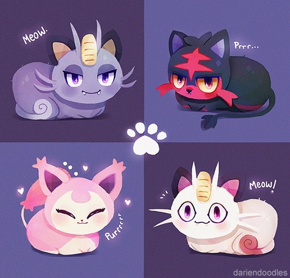 alolan_form, alolan_meowth, animal, animal_focus, blush, cat, closed_eyes, closed_mouth, colored_sclera, dariendoodles, gen_1_pokemon, gen_3_pokemon, gen_7_pokemon, litten, looking_at_viewer, lying, meowth, nintendo, pawpads, pokemon, pokemon_(creature), skitty, smile, whiskers, yellow_sclera