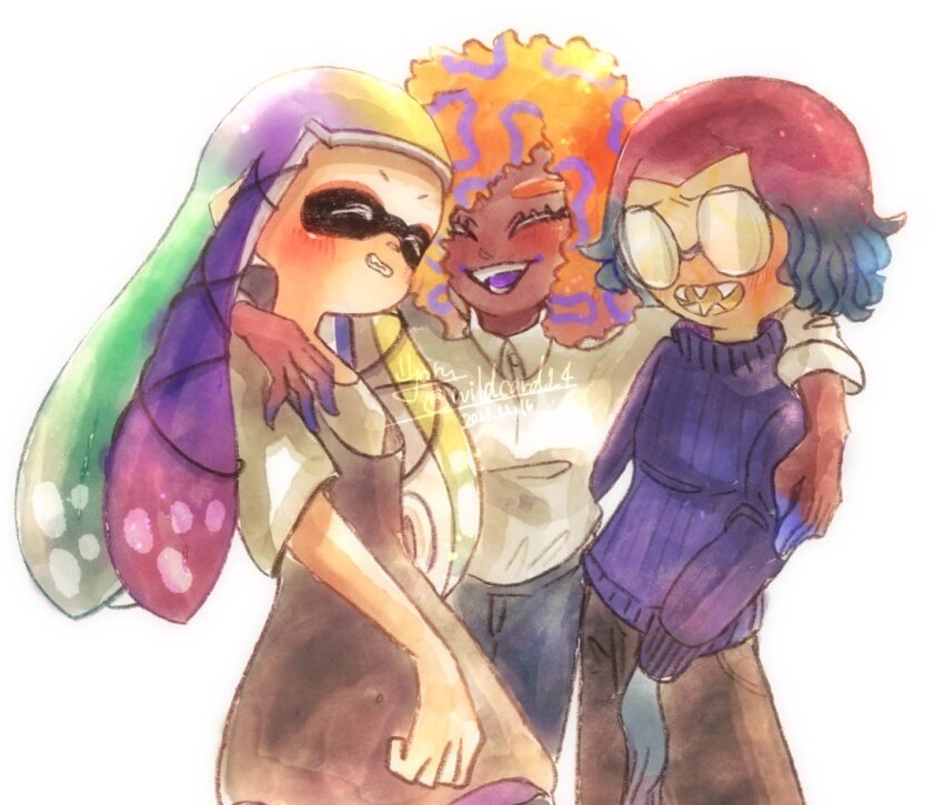 3girls, aqua_hair, black_pants, blonde_hair, blush, closed_eyes, collared_shirt, dark-skinned_female