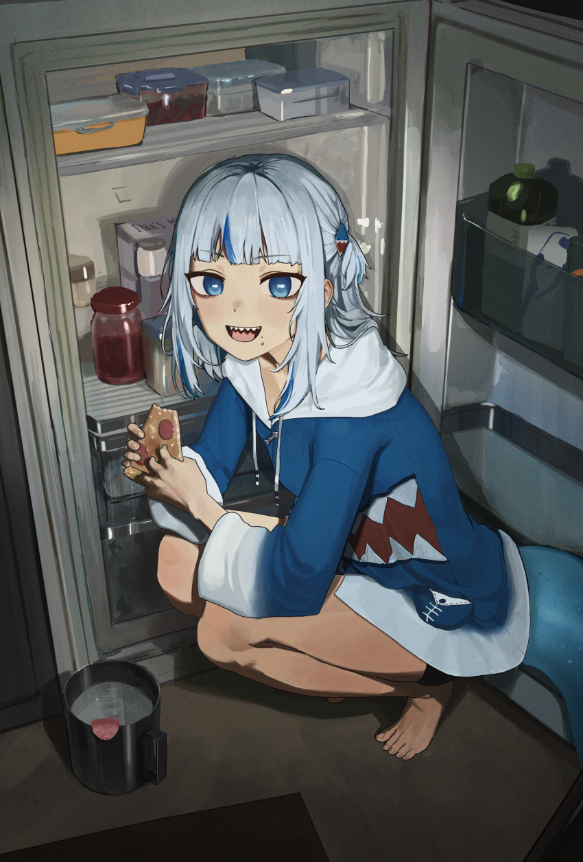 1girl, :d, absurdres, barefoot, blue_eyes, blue_hair, blue_hoodie, commentary, container, cup, drawstring, drink_carton, eating, english_commentary, feet, fins, fish_tail, food, food_on_face, full_body, gawr_gura, gawr_gura_(1st_costume), hair_ornament, highres, hololive, hololive_english, hood, hood_down, hoodie, indoors, long_sleeves, looking_at_viewer, milk_carton, multicolored_hair, nash65, open_mouth, refrigerator, shark_girl, shark_hair_ornament, shark_tail, sharp_teeth, smile, solo, squatting, tail, teeth, thighs, tiptoes, toes, tupperware, two_side_up, virtual_youtuber