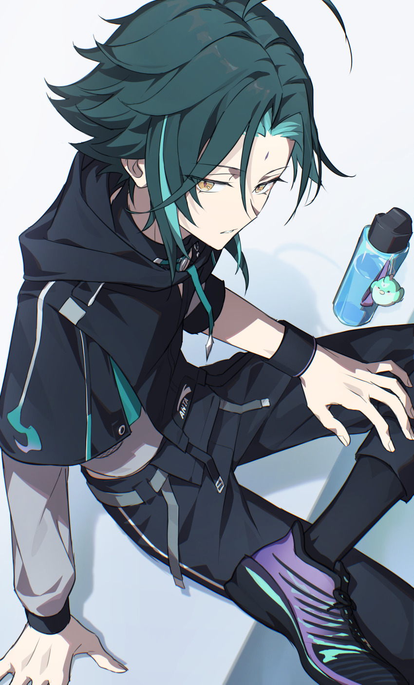 1boy, absurdres, ahoge, arm_support, black_hoodie, black_pants, bottle, bracelet