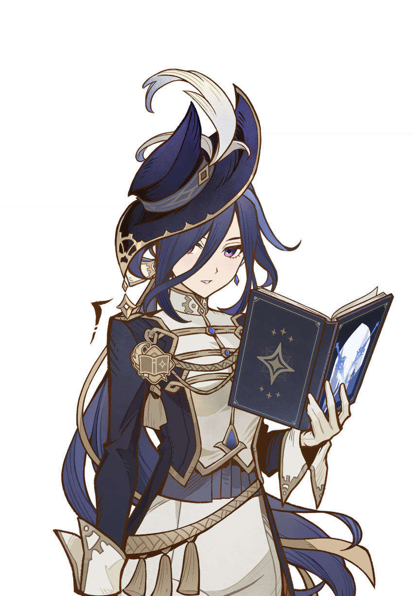 1girl, aiguillette, blue_hair, blue_hat, blue_jacket, book, bow, clorinde_(game_master)_(genshin_impact)