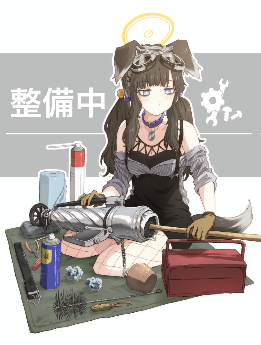 1girl, aerosol, animal_ears, bare_shoulders, black_dress, black_hair, blue_archive, breasts