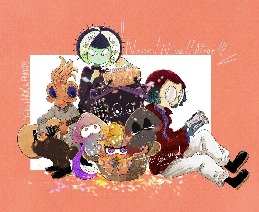 1boy, 6+girls, alternate_form, arms_up, black_pants, blue_sweater, book, brown_hat