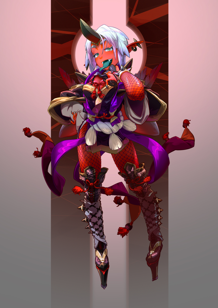 1girl, absurdres, black_horns, blue_tongue, boots, bracelet, breasts, canoyan