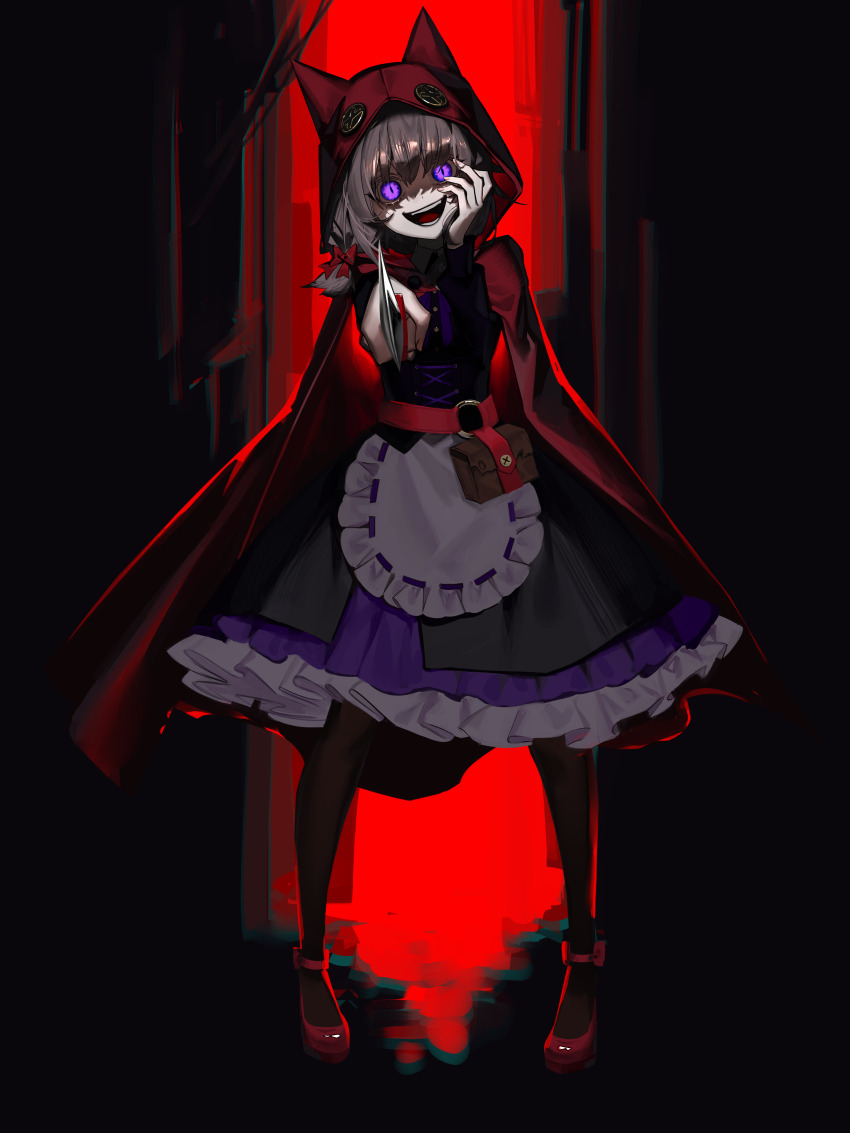 1girl, absurdres, cloak, cozmic, dress, fritzzz0617, highres, indie_virtual_youtuber, nokkovt, purple_eyes, red_cloak, solo, virtual_youtuber, weapon, yandere