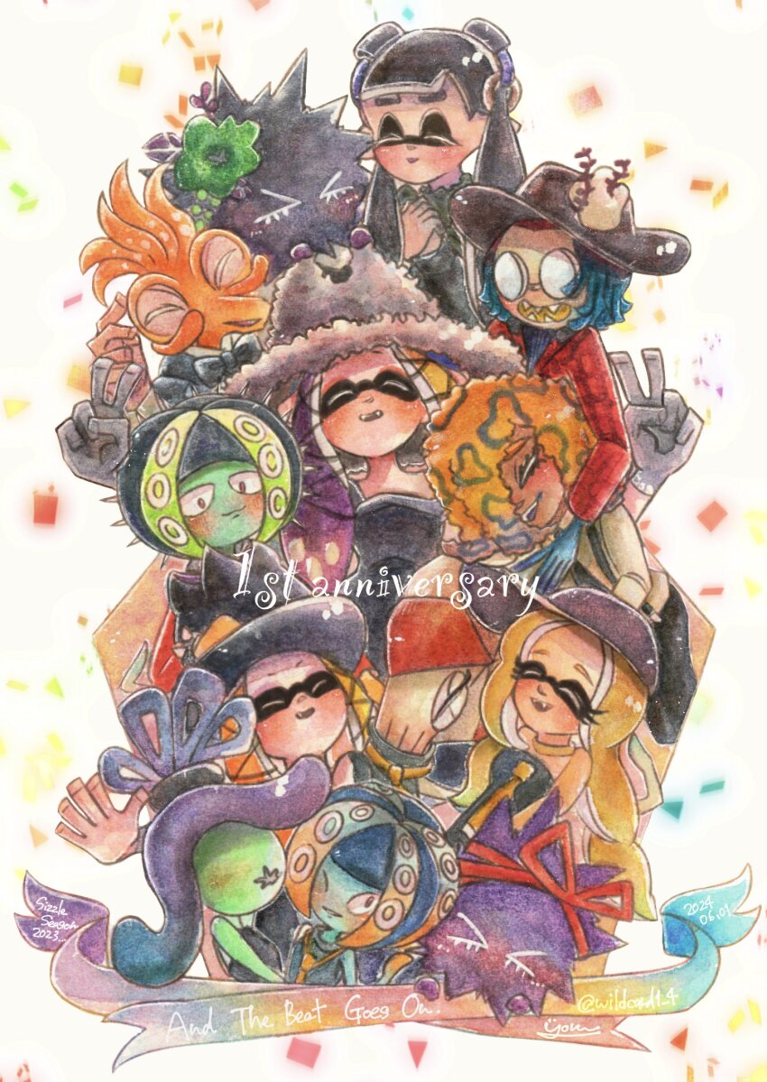 1boy, 6+girls, oonie_(splatoon), baseball_cap, zuzu_(splatoon), black_hair, black_hat, blonde_hair