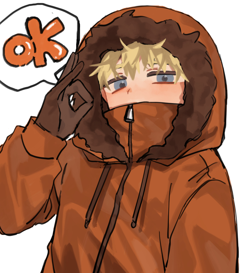 1boy, blonde_hair, blue_eyes, covered_mouth, fur-trimmed_hood, fur_trim, gloves, hand_up, high_collar, highres, hood, hood_up, jacket, kenny_mccormick, long_sleeves, looking_at_viewer, male_focus, ok_sign, ringodaisk, solo, south_park, upper_body