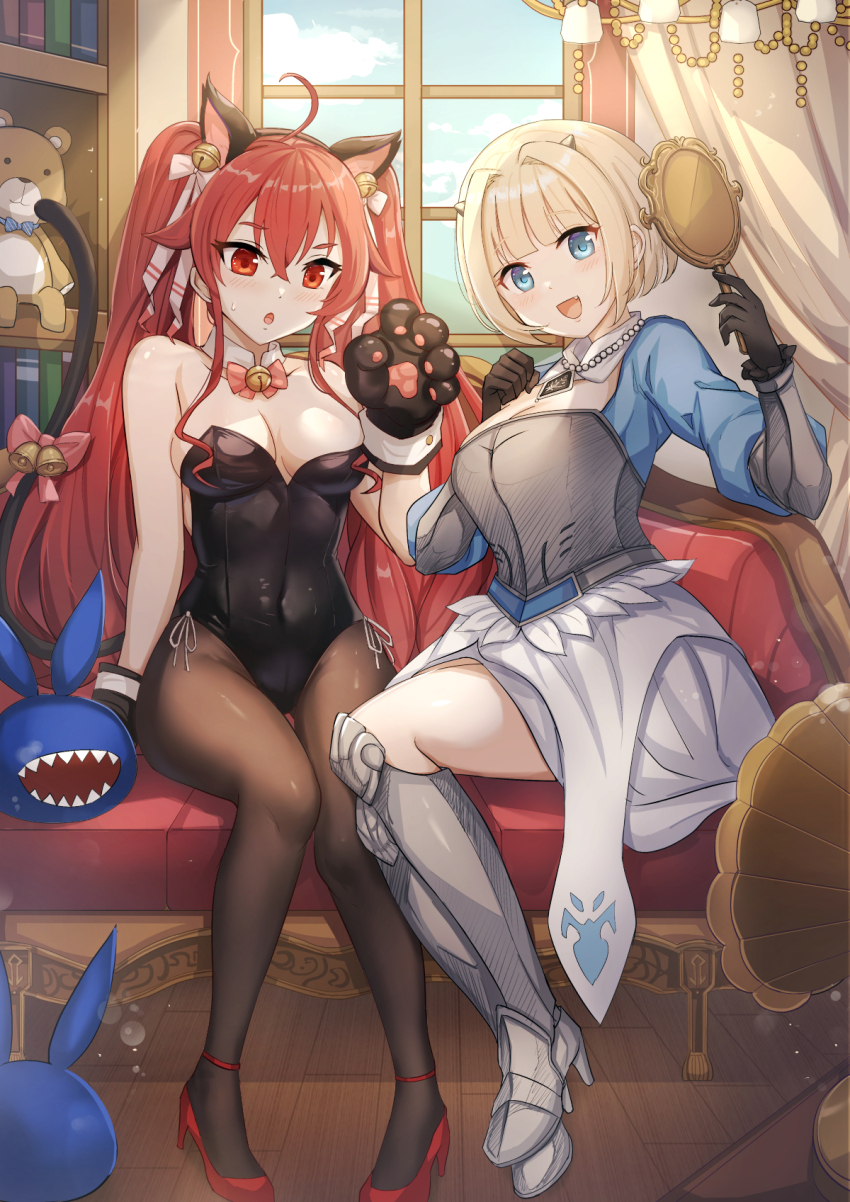 2girls, ahoge, animal_ears, animal_hands, armor, black_leotard, blonde_hair, blue_eyes, blunt_bangs, breasts, brown_dust, brown_dust_(series), brown_dust_2, cat_ears, cleavage, crossover, eris_greyrat, gloves, hair_between_eyes, highres, indoors, justia_(brown_dust), justia_(white_reaper)_(brown_dust), kittysuit, large_breasts, leotard, looking_at_mirror, looking_at_viewer, mirror, monster, multiple_girls, mushoku_tensei, nontraditional_playboy_bunny, open_mouth, paw_gloves, playboy_bunny, red_eyes, red_hair, sitting, smile, square_neckline, twintails, window, yougenko