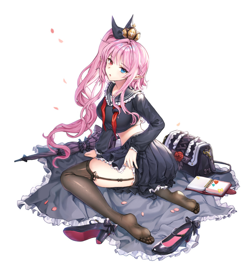 1girl, aqua_eyes, artist_request, bag, black_bag, black_bow, black_footwear, black_garter_straps