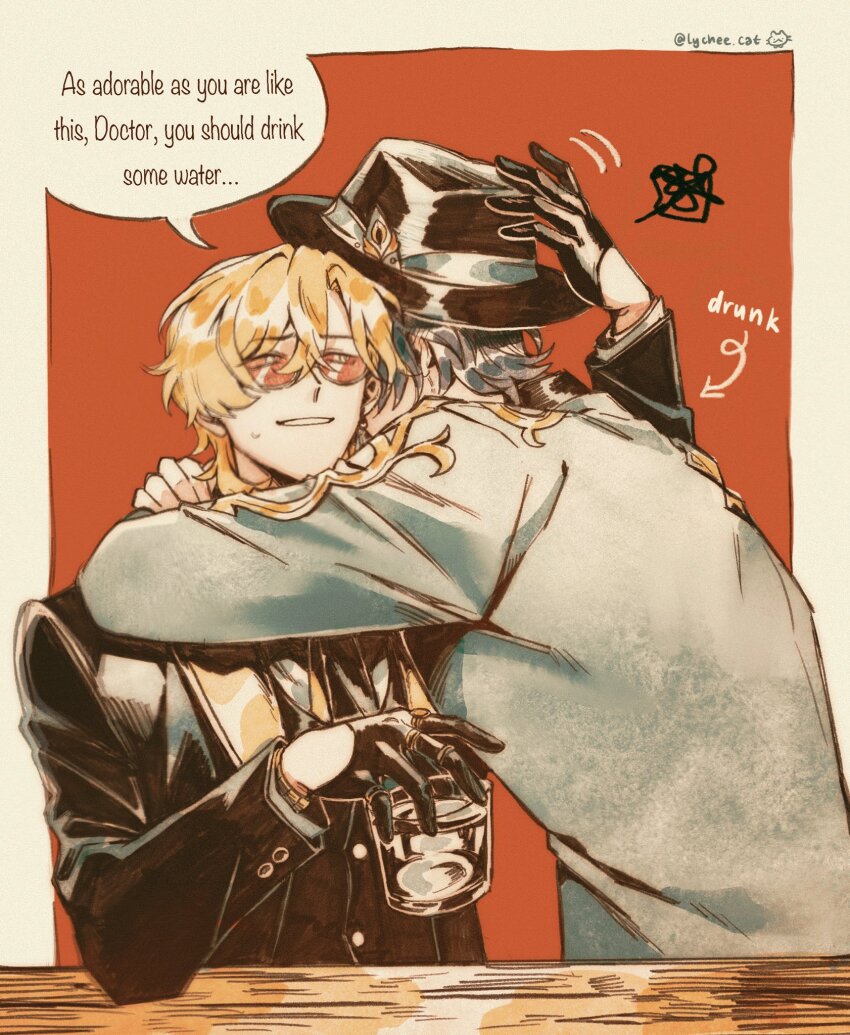 2boys, aventurine_(final_victor)_(honkai:_star_rail), aventurine_(honkai:_star_rail), black_gloves, black_hat, black_jacket, blazer, blonde_hair, blue_hair, blue_jacket, borrowed_clothes, cup, dr._ratio_(final_victor)_(honkai:_star_rail), dr._ratio_(honkai:_star_rail), drunk, english_text, fedora, formal_clothes, glass, gloves, hat, highres, holding, holding_cup, honkai:_star_rail, honkai_(series), hug, jacket, jewelry, long_sleeves, lycheelinecat, male_focus, multiple_boys, necktie, ring, squiggle, suit, suit_jacket, sunglasses, sweat, vest, waistcoat, yaoi