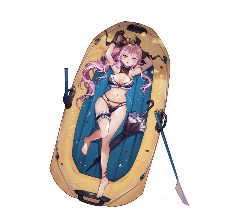 1girl, alternate_costume, anklet, aqua_eyes, artist_request, bare_legs, bare_shoulders, barefoot, beads, bikini, black_bikini, black_collar, black_gloves, black_ribbon, black_umbrella, blunt_bangs, boat, bow, bow_bikini, bowtie, breasts, bridal_gauntlets, cleavage, collar, cross, cross_hat_ornament, cross_print, crown, dolores_(final_gear), final_gear, flower, flower_bikini, frilled_bikini, frilled_thigh_strap, frills, from_above, full_body, gloves, hair_intakes, hair_ribbon, heterochromia, high_ponytail, highres, inflatable_raft, jewelry, large_breasts, long_hair, long_sidelocks, looking_at_viewer, lying, midriff, multi-strapped_bikini_bottom, nail_polish, navel, oar, official_alternate_costume, official_art, on_back, open_mouth, petals, pink_hair, ponytail, red_bow, red_bowtie, red_eyes, red_flower, red_nails, red_petals, red_rose, ribbon, rose, rowboat, side_ponytail, sidelocks, simple_background, solo, spaghetti_strap, swimsuit, tachi-e, thigh_strap, third-party_source, toenails, toes, transparent_background, umbrella, water_drop, watercraft, wavy_hair, wavy_sidelocks, yellow_crown