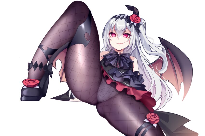 1girl, absurdres, bare_shoulders, black_dress, black_flower, black_hairband, black_ribbon, breasts, commission, dress, elbow_gloves, fang, fishnets, flower, gloves, hair_between_eyes, hair_flower, hair_ornament, hairband, highres, hot_vr, long_hair, looking_at_viewer, mare_(ac8231), original, pantyhose, red_eyes, ribbon, rose, simple_background, small_breasts, smile, solo_focus, spread_legs, vampire, very_long_hair, white_background, wings