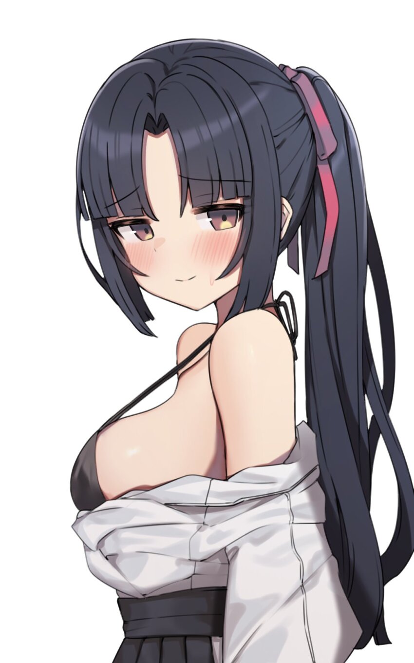 1girl, aa211108, bare_shoulders, black_bra, blush, bra, breasts, clothes_pull