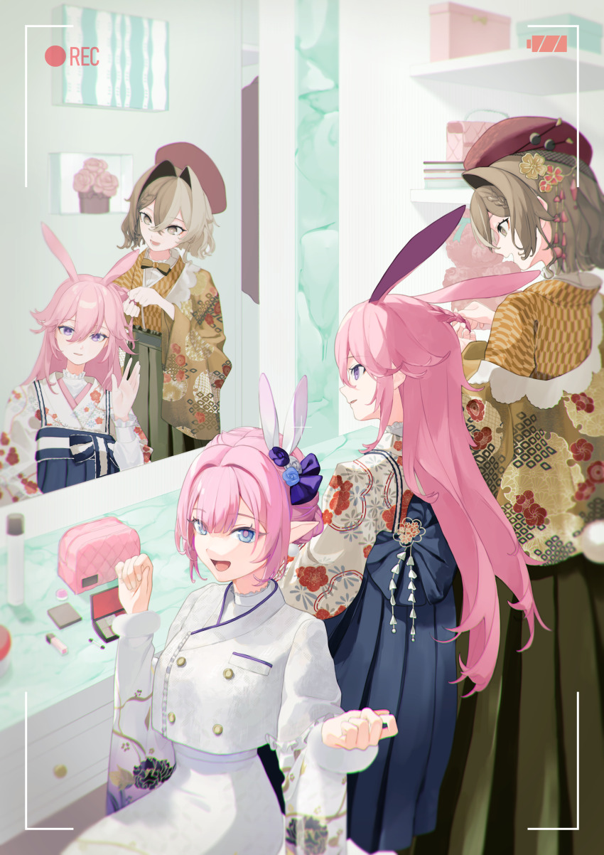 3girls, :d, absurdres, adjusting_hair, animal_ears, blue_eyes, brown_hair, brown_hanbok