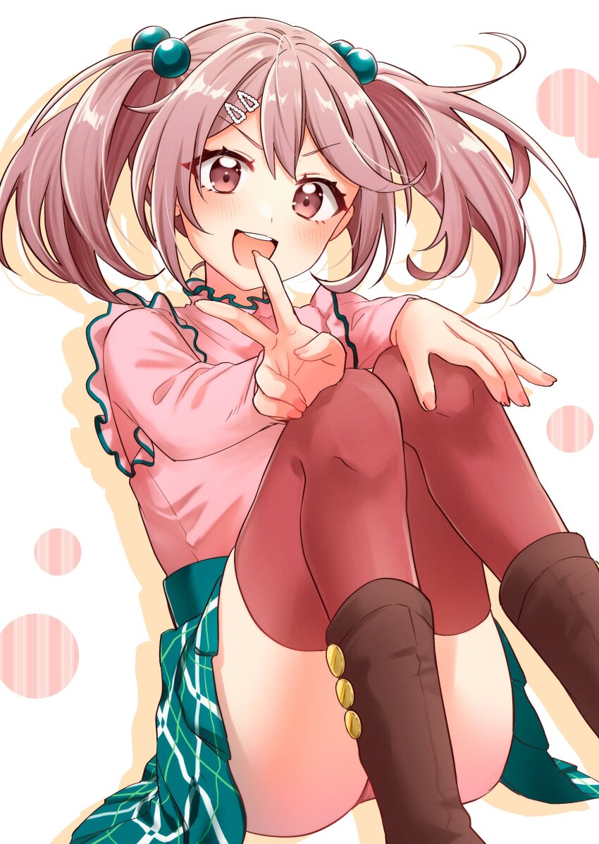 1girl, absurdres, brown_footwear, brown_thighhighs, convenient_leg, frilled_shirt, frills, green_skirt