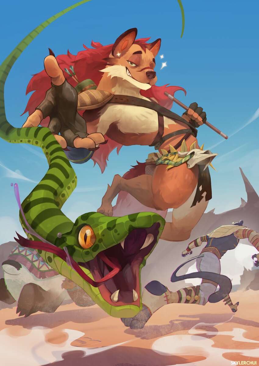 2boys, absurdres, afk_(series), afk_journey, animal_ears, armor, artist_name, blowgun