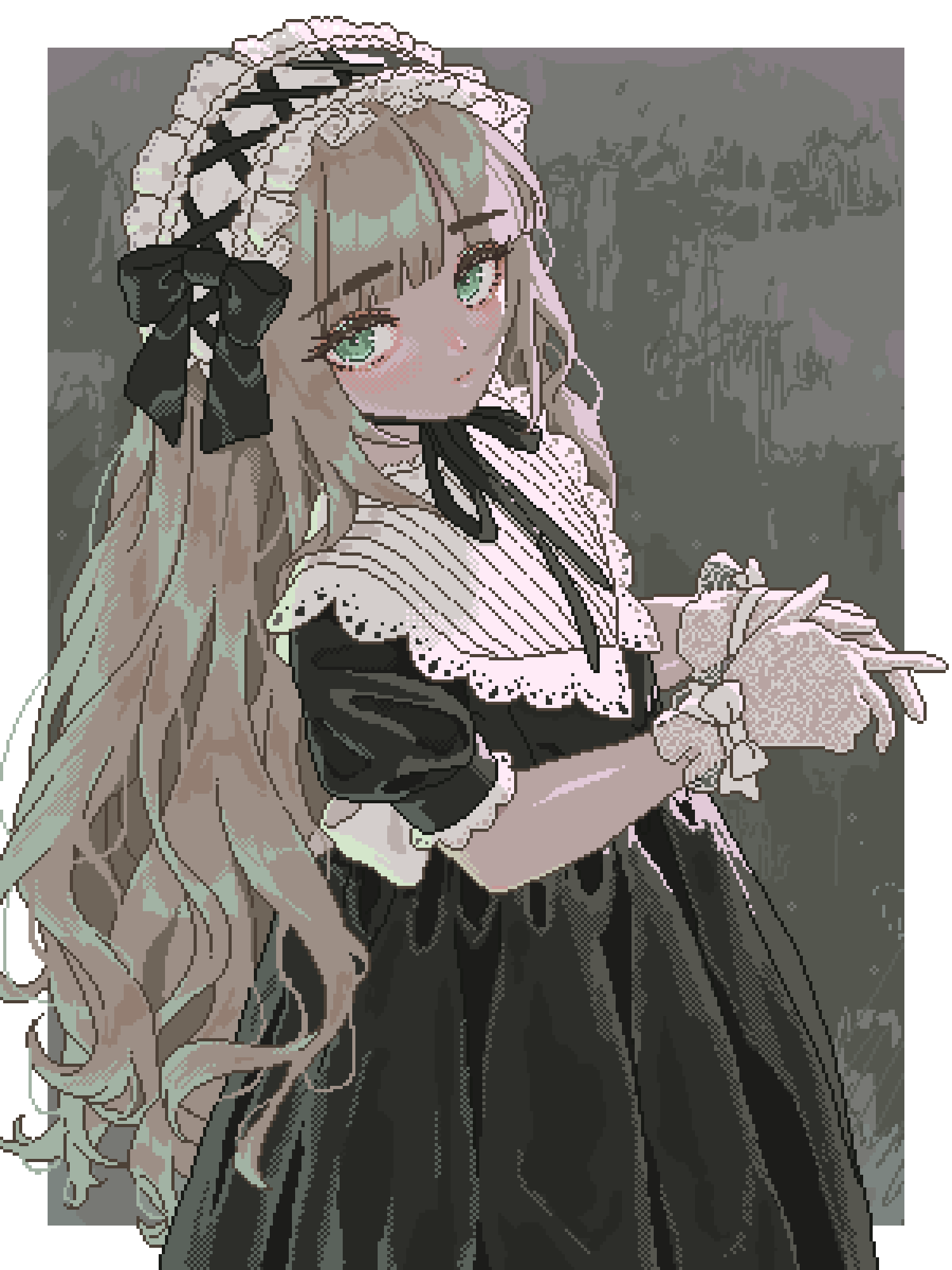 1girl, black_dress, blonde_hair, border, bow, dress, frills, gloves