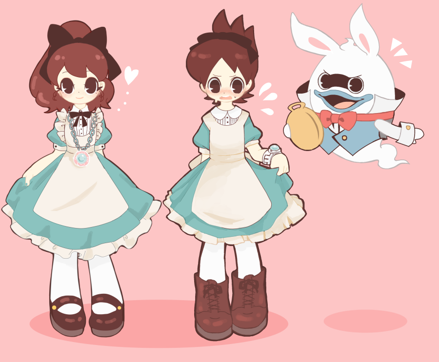 1boy, 1girl, alice_(alice_in_wonderland), alice_(alice_in_wonderland)_(cosplay), alice's_adventures_in_wonderland, amano_keita, apron, black_bow