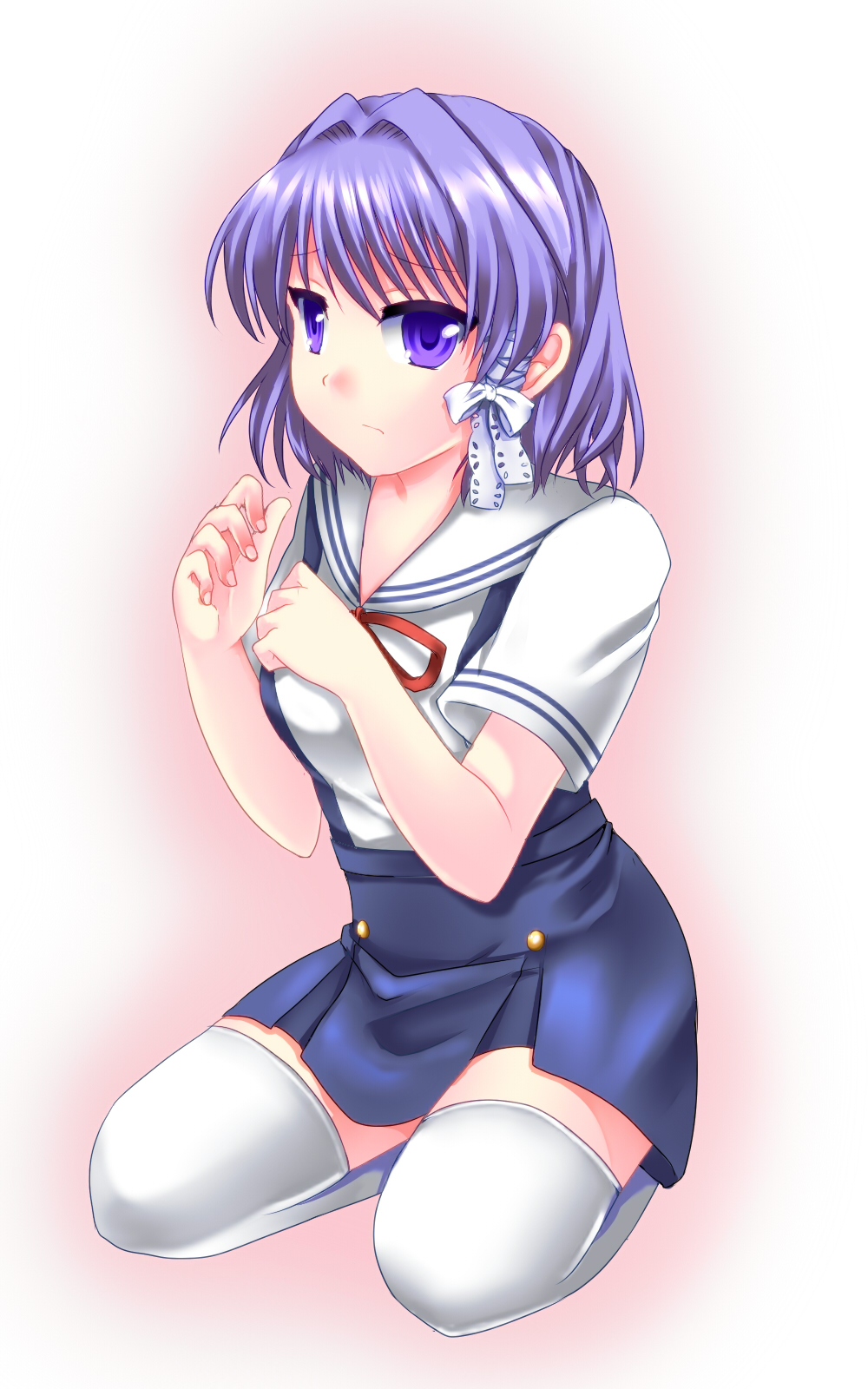 00s, alternate_hairstyle, clannad, fujibayashi_kyou, highres, purple_eyes, purple_hair, school_uniform