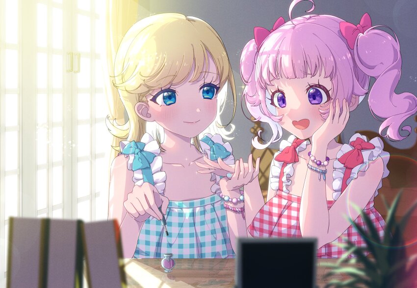 2girls, :d, ahoge, aozora_himari, applying_manicure, blonde_hair, blue_eyes, blue_nails
