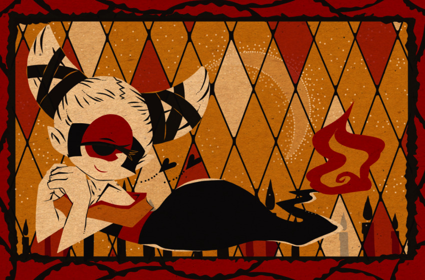 1girl, argyle_background, border, breasts, candle, cleavage, closed_mouth, crescent