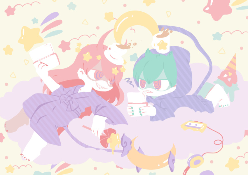 2boys, @_@, barefoot, bathrobe, coffee, cup, food, green_hair