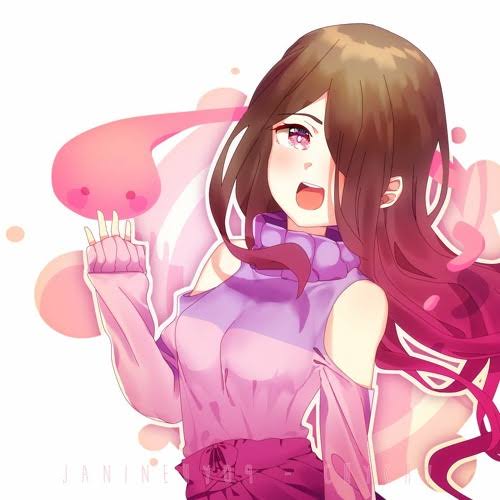 akumu_(glitchtale), bete_noire, brown_hair, glitchtale, long_hair, pink_background, pink_eyes, pink_hair, pink_shirt, purple_shirt, shirt, skirt, smile, tied_skirt, undertale, utdr_(toby_fox), white_background