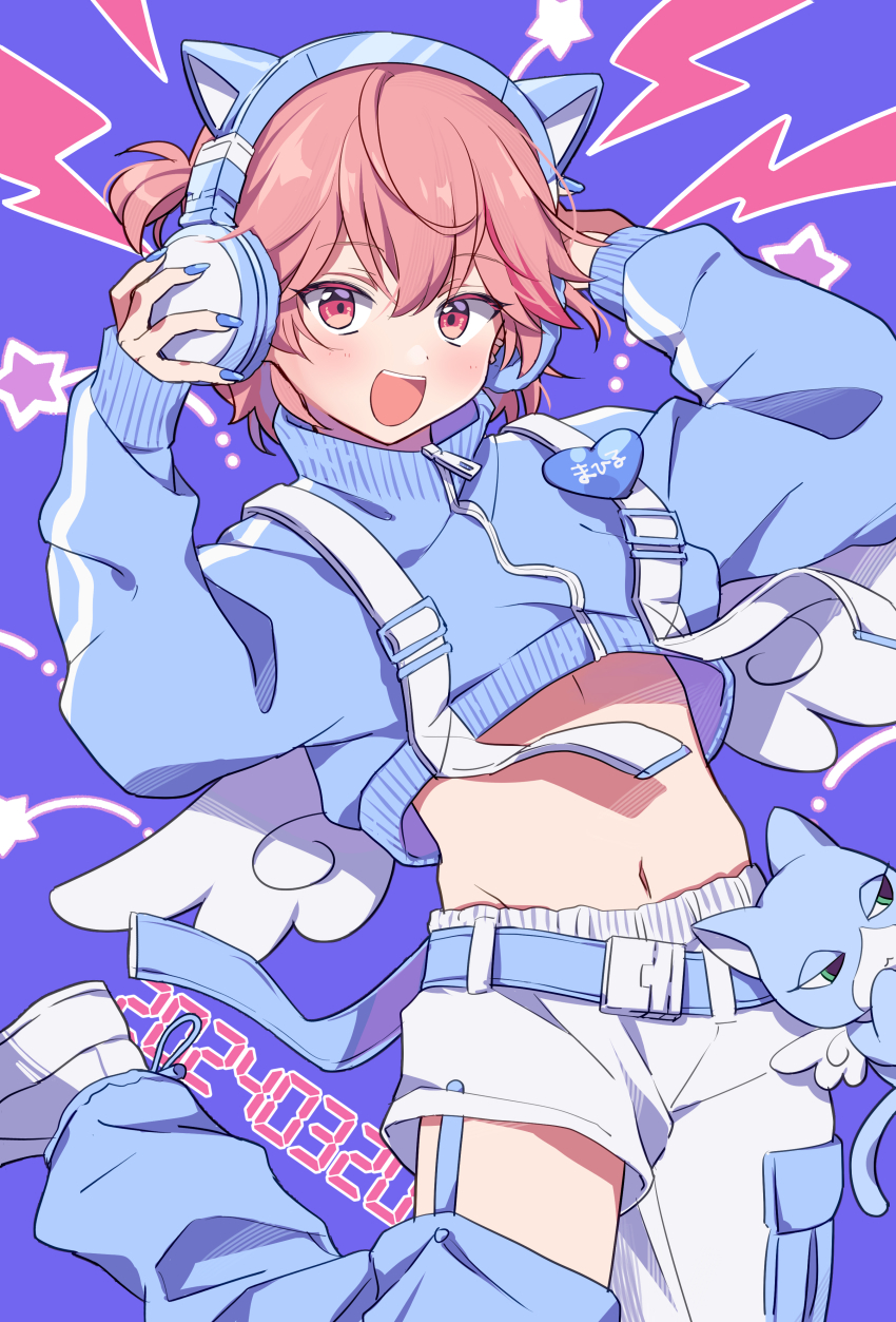 1boy, :d, absurdres, animal_ear_headphones, animal_ears, belt, blue_background, blue_belt
