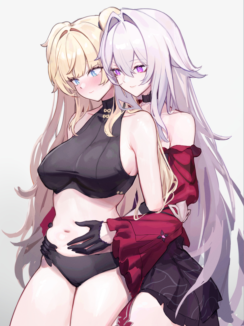 2girls, absurdres, belly_grab, black_gloves, black_panties, blonde_hair, blue_eyes, breasts