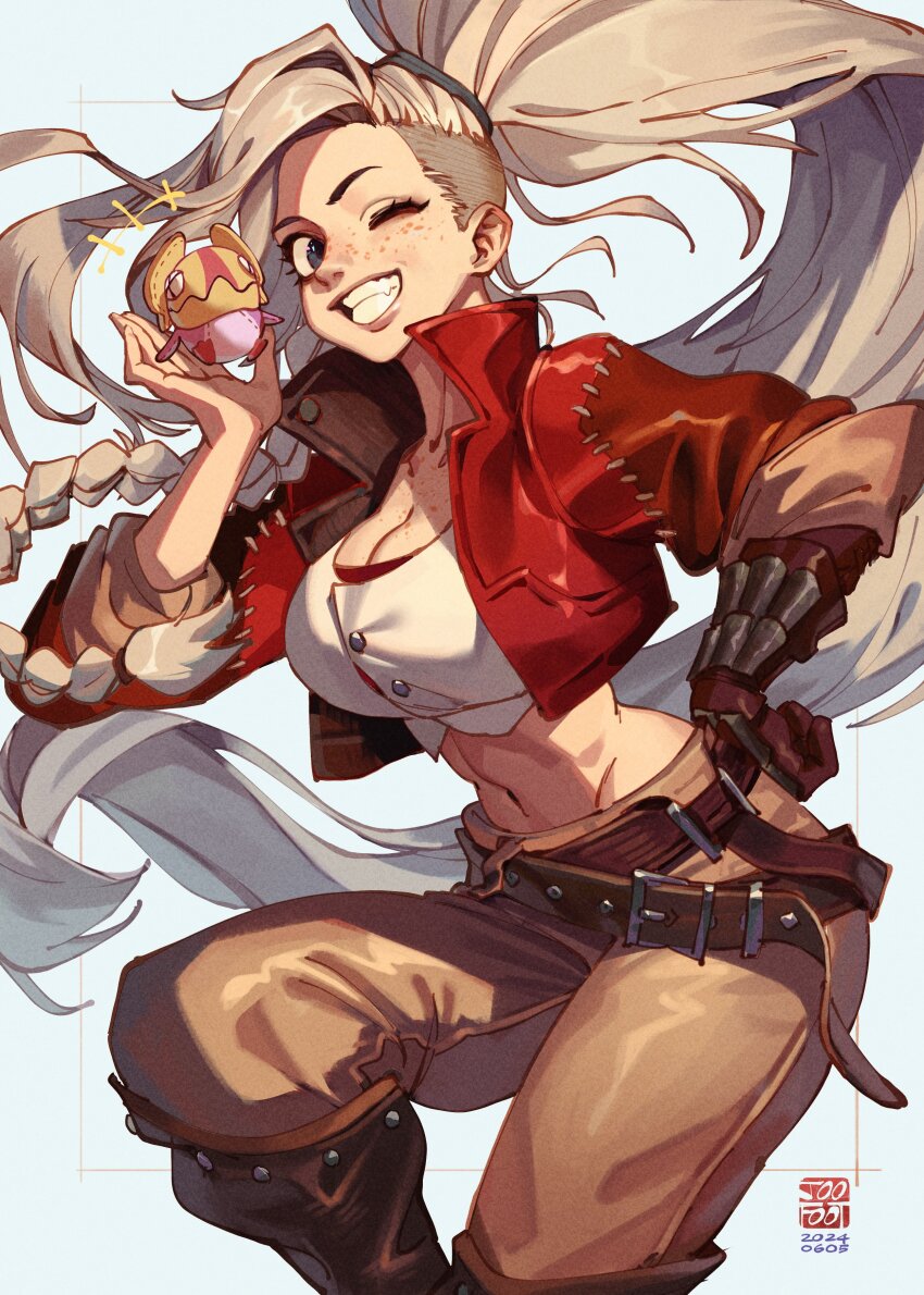 1girl, absurdres, asymmetrical_hair, belt, belt_buckle, blonde_hair, braid, breasts