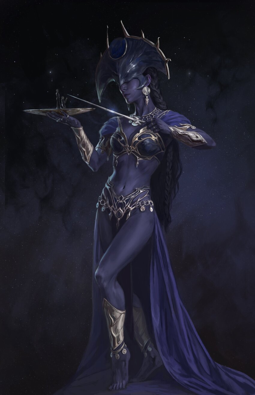 1girl, absurdres, armor, baldur's_gate, baldur's_gate_3, barefoot, bella_bergolts, black_background, black_hair, black_skin, breasts, closed_mouth, colored_skin, covered_eyes, earrings, full_body, helmet, highres, holding, holding_knife, jewelry, knife, long_sleeves, medium_breasts, multi-tied_hair, navel, shar_(baldur's_gate), shiny_skin, solo