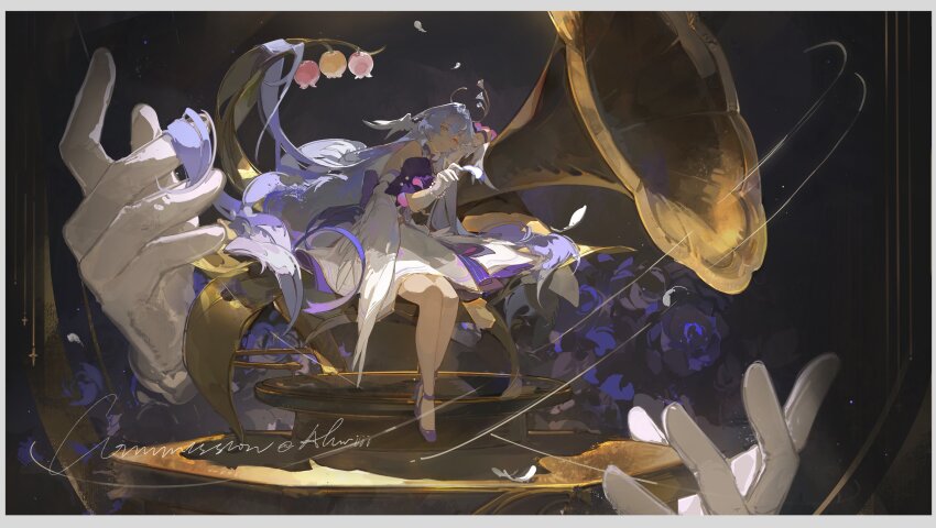 1girl, absurdres, ahriii, arm_rest, bare_legs, blue_hair, bracelet, choker