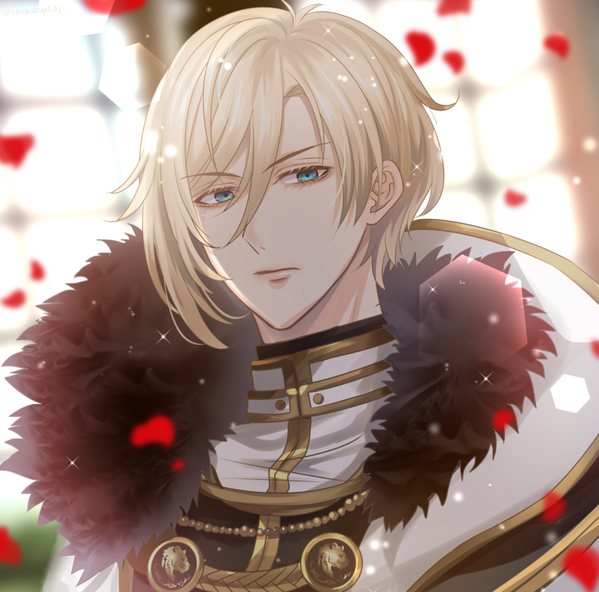 1boy, bishounen, blue_eyes, blurry, blurry_background, chevalier_michel, fur_trim, gold_trim