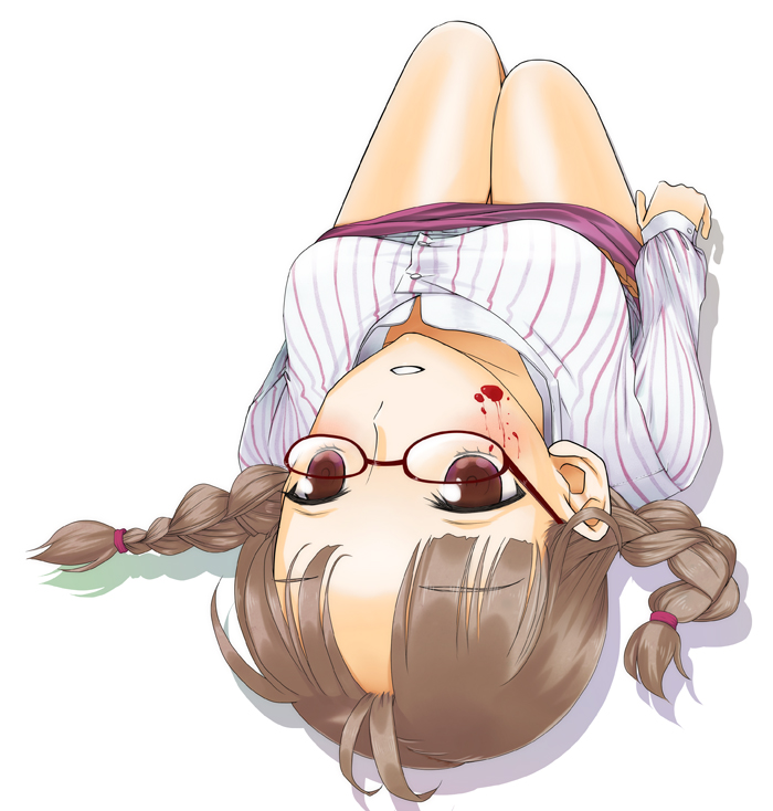 1girl, akizuki_ritsuko, blood, braid, brown_eyes, brown_hair, female_focus, glasses, idolmaster, idolmaster_(classic), kawaizumi_pome, long_hair, lying, pome, solo, twin_braids