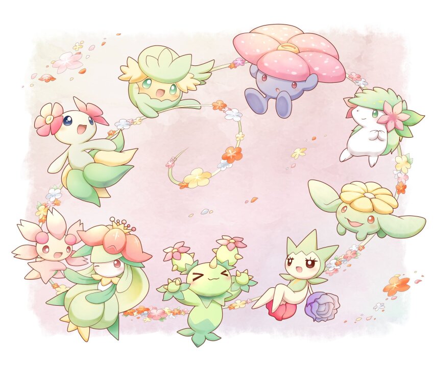akuasu, bellossom, blue_skin, blush, cherrim, cherrim_(sunshine), claws, closed_eyes, colored_skin, comfey, crown, flower, gen_1_pokemon, gen_2_pokemon, gen_4_pokemon, gen_5_pokemon, gen_7_pokemon, green_eyes, green_hair, green_skin, highres, holding_hands, legendary_pokemon, lilligant, maractus, mythical_pokemon, nintendo, no_humans, pink_eyes, pokemon, pokemon_(creature), shaymin, shaymin_(land), skiploom, smile, spikes, vileplume, white_skin, yellow_skin