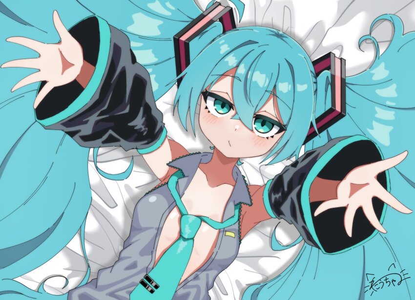 1girl, aqua_eyes, aqua_hair, black_sleeves, breasts, carry_me, closed_mouth, collarbone, commentary, detached_sleeves, grey_shirt, hair_ornament, hatsune_miku, highres, jitome, long_hair, lying, necktie, nekoucha, on_back, open_clothes, open_shirt, outstretched_arms, reaching, reaching_towards_viewer, shirt, signature, sleeveless, sleeveless_shirt, small_breasts, solo, twintails, upper_body, very_long_hair, vocaloid