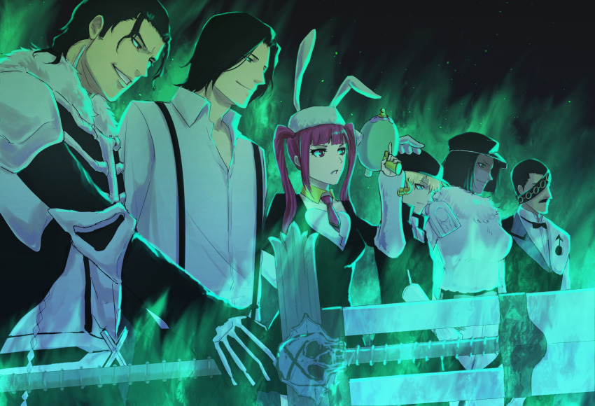 2023, 2girls, 4boys, animal_ears, aura, black_eyes, black_hair, black_hat