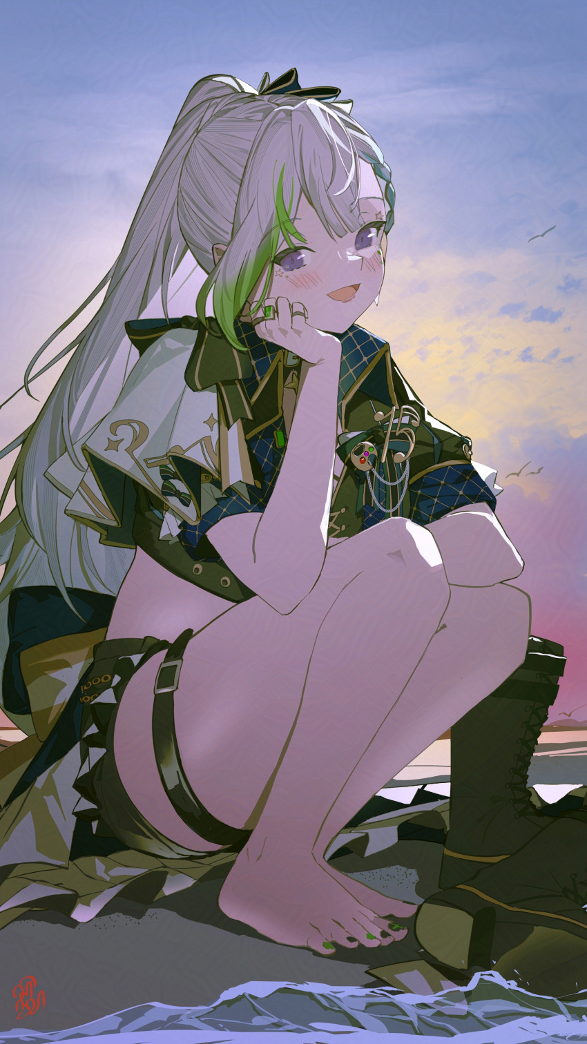 1girl, absurdres, airani_iofifteen, airani_iofifteen_(work), back_bow, bare_legs, barefoot, beach