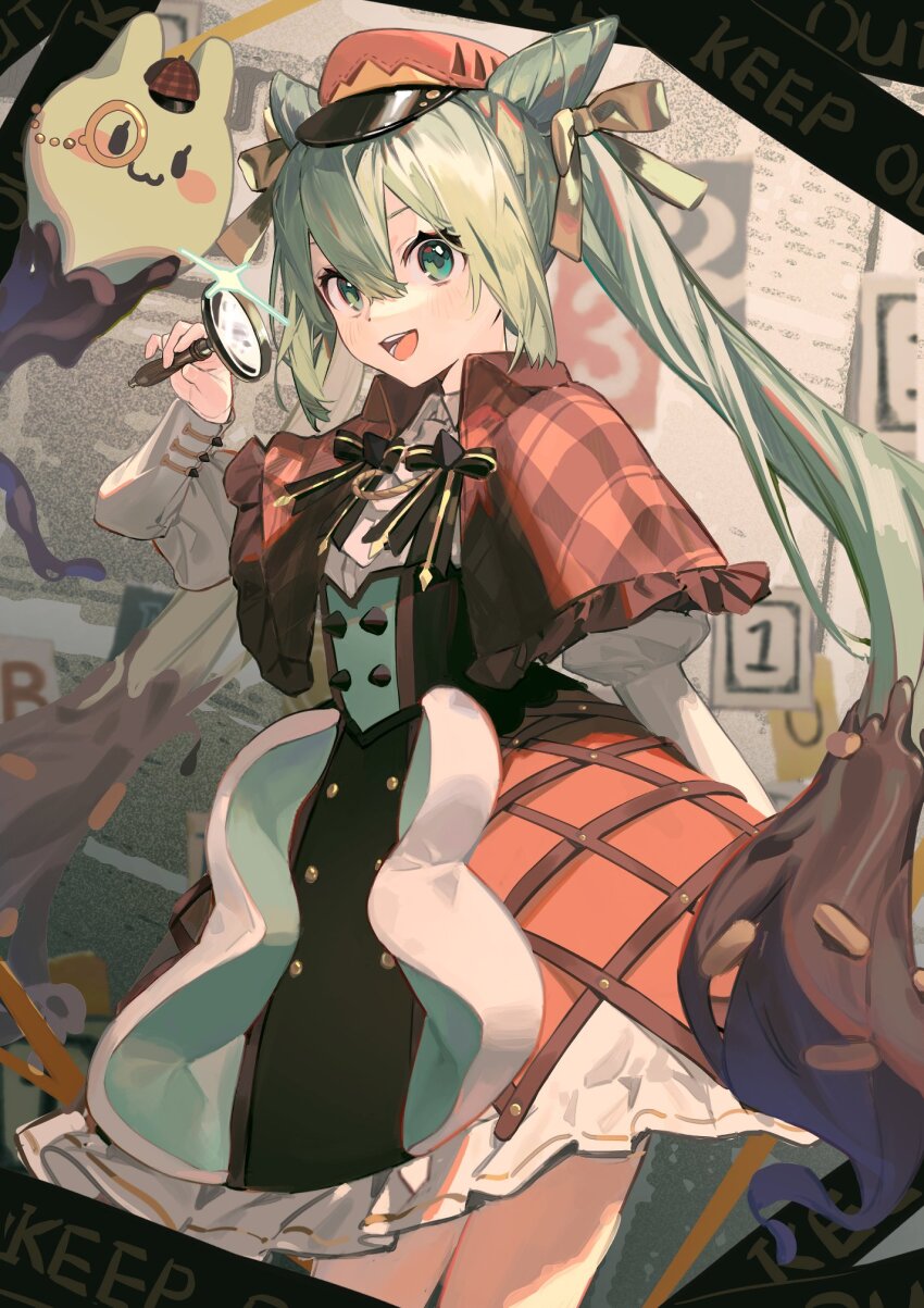 black_bow, blush, book, bow, brown_hat, capelet, caution_tape, chinese_commentary, chocolate_in_hair, commentary_request, dress, eyelashes, frilled_dress, frills, fuyuasa, gold_bow, green_eyes, green_hair, hair_between_eyes, hair_bow, hair_horns, happy, hat, hatsune_miku, highres, holding, holding_magnifying_glass, juliet_sleeves, keep_out, lolita_fashion, long_hair, long_sleeves, looking_at_viewer, magnifying_glass, monocle, open_book, open_mouth, puffy_sleeves, sidelocks, sparkle, striped_capelet, striped_clothes, teeth, tongue, twintails, vocaloid