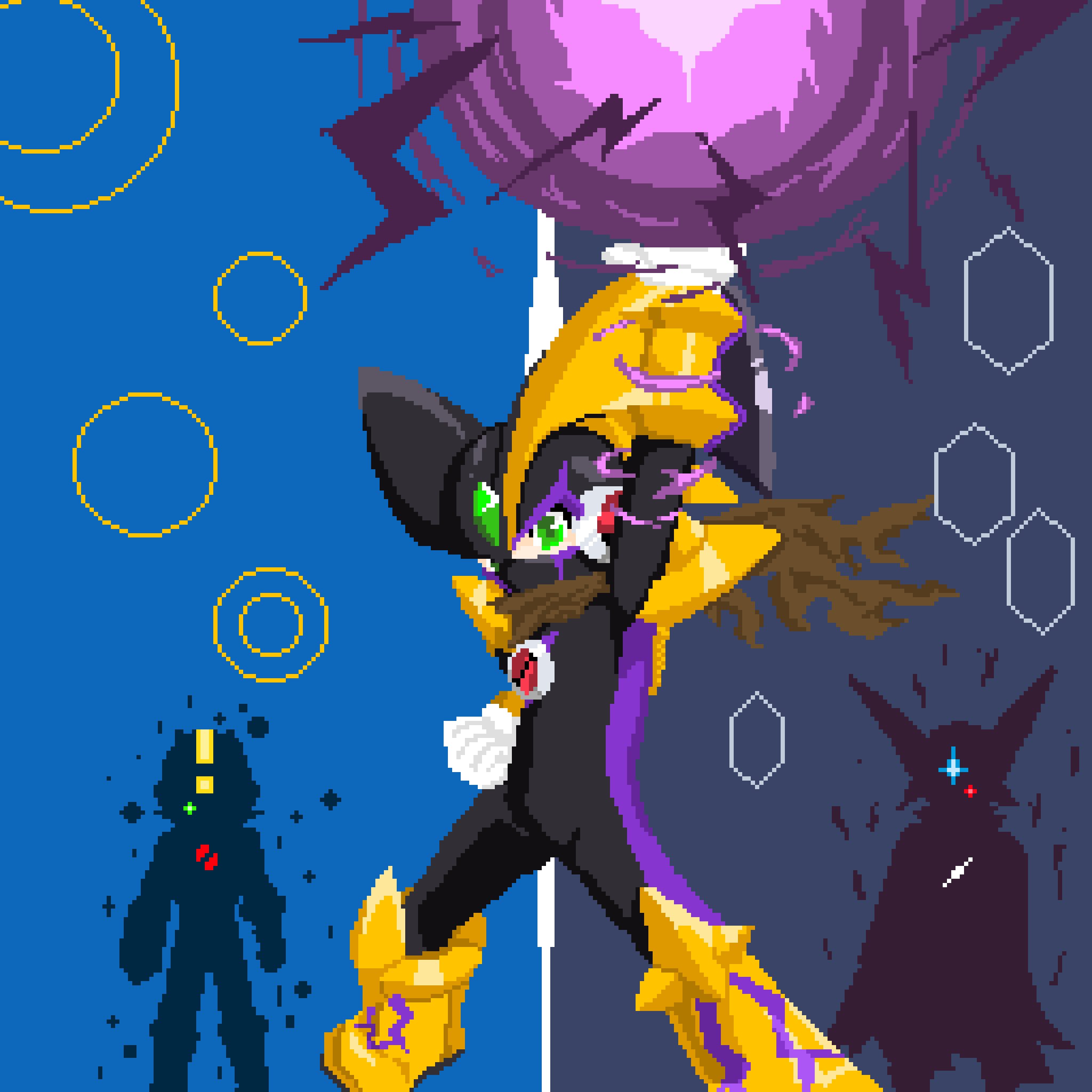 2boys, arm_up, bass.exe_(mega_man), bass.exe_(mega_man)_(cosplay), black_bodysuit, black_helmet, bodysuit, boots, cosplay, energy, fins, forehead_jewel, full_body, glowing, glowing_eyes, green_eyes, head_fins, helmet, highres, mask, mega_man_(series), mega_man_battle_network_(series), megaman.exe, mouth_mask, multiple_boys, pixel_art, red_eyes, silhouette, simple_background, yellow_boots, yohaku_(mynameisyohaku)