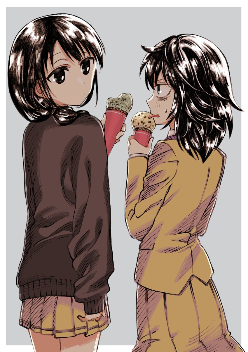 2girls, absurdres, bags_under_eyes, black_hair, blazer, brown_cardigan, cardigan, collared_shirt