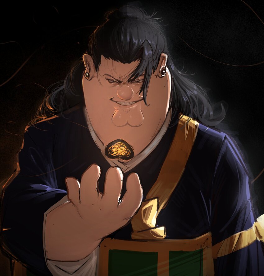 1boy, black_eyes, black_hair, black_kimono, cleft_chin, cosplay, family_guy, geto_suguru_(cosplay), geto_suguru, grin, hair_bun, hair_pulled_back, highres, japanese_clothes, jujutsu_kaisen, kesa, kimono, kowai_(iamkowai), looking_at_viewer, male_focus, peter_griffin, plug_(piercing), single_hair_bun, smile, solo, teeth